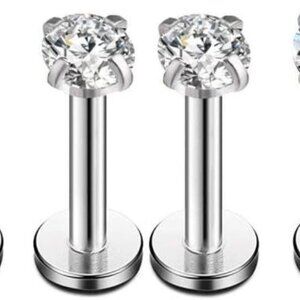 Set of 3 Pairs Tiny CZ Labret and Cartilage Piercing Studs in Surgical Steel, 2m